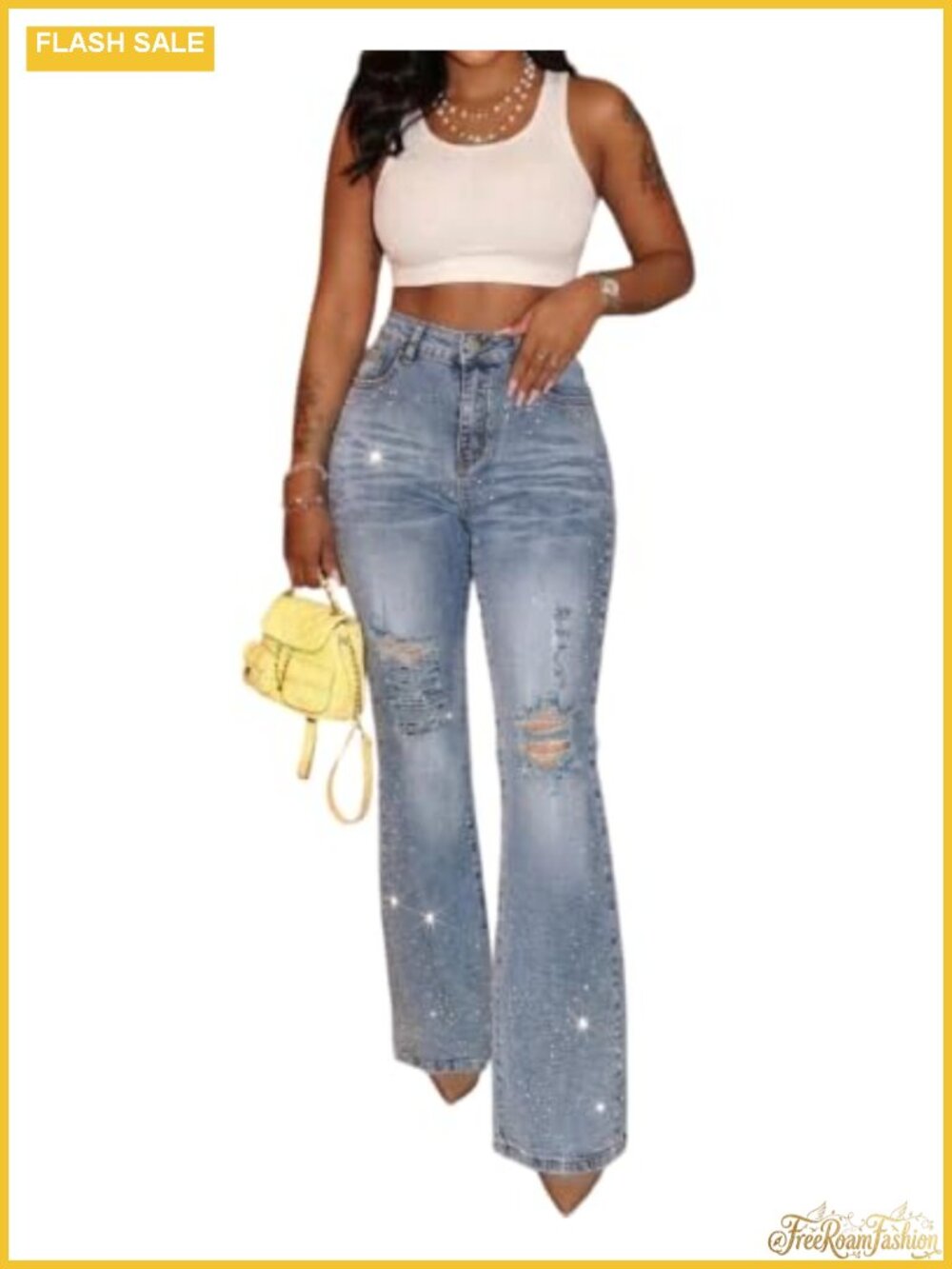 Rhinestone Flare Ripped Bell Bottom Jeans High Waist Distressed Denim Womens